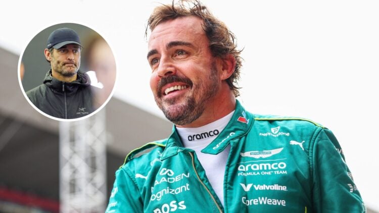 Fernando Alonso smiles after an F1 session at the Hungarian Grand Prix, with Mark Webber in the McLaren garage during pre-season testing in 2025 in...