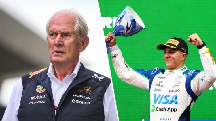 Split image of Red Bull chief advisor Helmut Marko (L) and Racing Bulls driver Isack Hadjar (R)