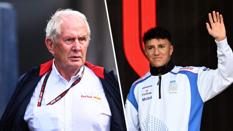Split image of Helmut Marko (L) and Racing Bulls driver Isack Hadjar (R) at the 2025 Dutch Grand Prix
