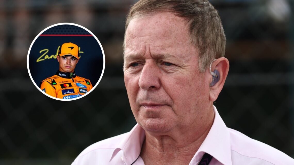 Martin Brundle in the F1 paddock with Lando Norris of McLaren sitting in a press conference in the overlay image