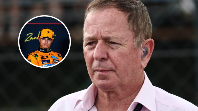 Martin Brundle in the F1 paddock with Lando Norris of McLaren sitting in a press conference in the overlay image