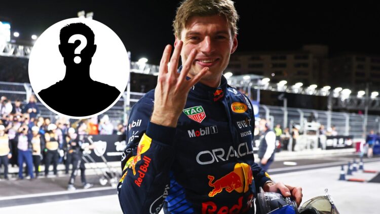 Max Verstappen celebrating his fourth F1 world championship in Las Vegas, with a mystery overlay image