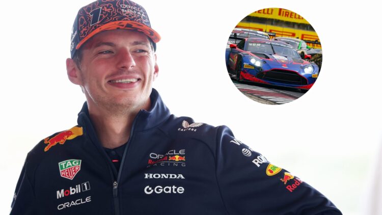 Max Verstappen smiling in the F1 paddock at the Dutch Grand Prix, with his Verstappen.com Racing GT3 car in the overlay image