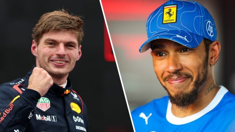 Split image: (Left) Max Verstappen holds up fist to celebrate Azerbaijan Grand Prix win (Right) Lewis Hamilton smiles off camera at the Italian Gra...