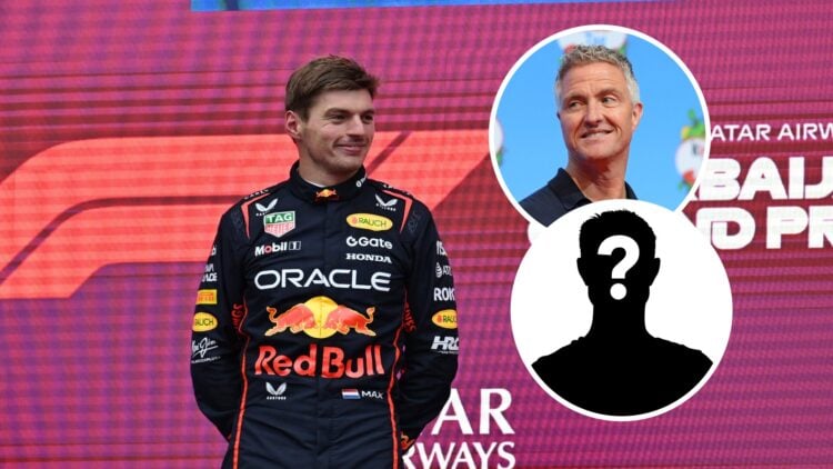 Red Bull driver Max Verstappen standing on the podium at the 2025 Formula 1 Azerbaijan Grand Prix, inset, Ralf Schumacher