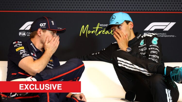 Red Bull driver Max Verstappen (left) and Mercedes driver George Russell (right) speaking with their mouths covered at the 2025 Formula 1 Canadian ...