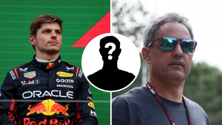 Red Bull driver Max Verstappen (left) on the podium at the Dutch Grand Prix, Former F1 driver Juan Pablo Montoya (right)