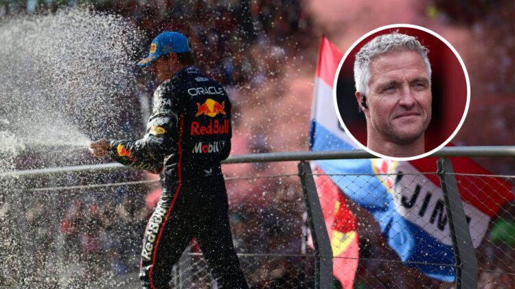 Red Bull Racing driver Max Verstappen spraying champagne on the podium at the 2025 Formula 1 Italian Grand Prix, inset, Ralf Schumacher smiling in ...