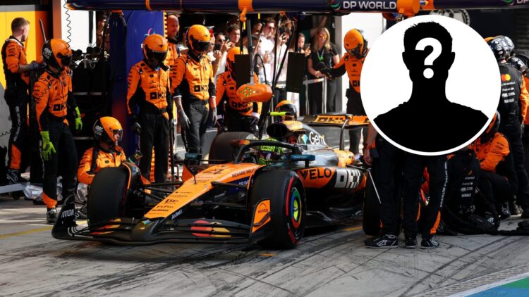 McLaren driver Lando Norris makes a pit stop at Monza during the 2025 F1 Italian Grand Prix with a mystery image overlay
