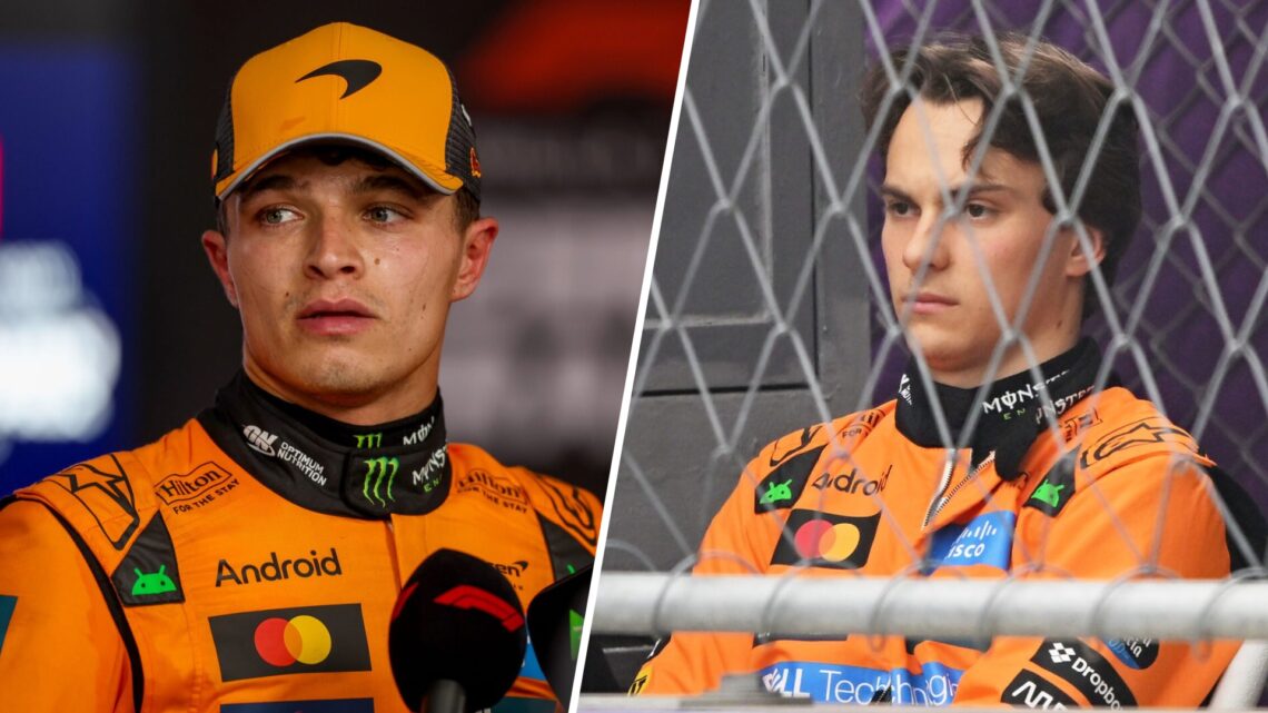 McLaren driver Lando Norris speaks to the media after the 2025 F1 Azerbaijan Grand Prix and Oscar Piastri watches on from trackside after crashing ...