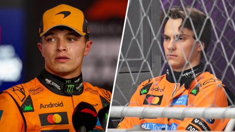 McLaren driver Lando Norris speaks to the media after the 2025 F1 Azerbaijan Grand Prix and Oscar Piastri watches on from trackside after crashing ...