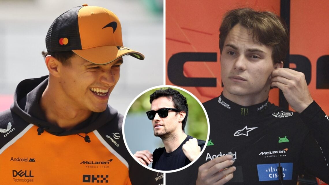 McLaren driver Lando Norris in the Monza paddock and Oscar Piastri gets ready in the garage for practice at the 2025 F1 Italian Grand Prix with an ...