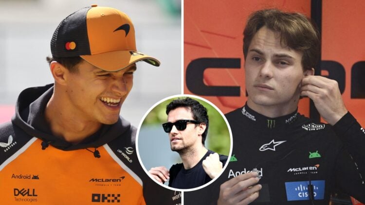 McLaren driver Lando Norris in the Monza paddock and Oscar Piastri gets ready in the garage for practice at the 2025 F1 Italian Grand Prix with an ...