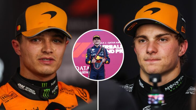 McLaren drivers Lando Norris and Oscar Piastri speak to the media after the 2025 F1 Azerbaijan Grand Prix with an inset of Red Bull's Max Verstappe...