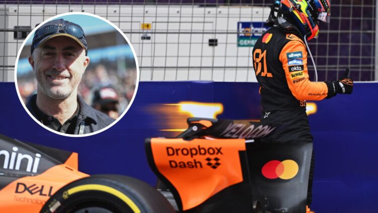 Oscar Piastri walks away from his McLaren after a race-ending crash in the 2025 F1 Azerbaijan Grand Prix with an inset of David Brabham