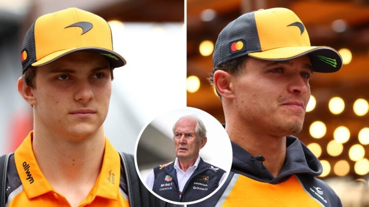 McLaren drivers Oscar Piastri and Lando Norris arrive in the Baku paddock before practice for the 2025 F1 Azerbaijan Grand Prix with an inset of Re...