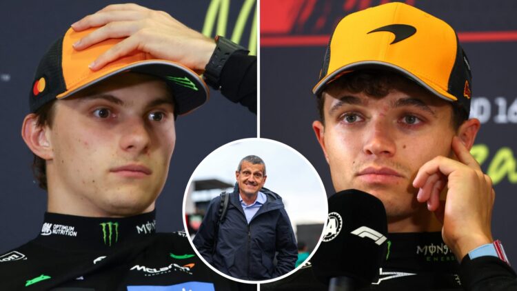 McLaren drivers Oscar Piastri and Lando Norris speak to the media at Monza after the 2025 F1 Italian Grand Prix with an inset of Guenther Steiner
