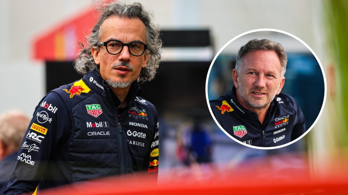 Laurent Mekies of Red Bull looks on in the Azerbaijan Grand Prix paddock; inset of Christian Horner
