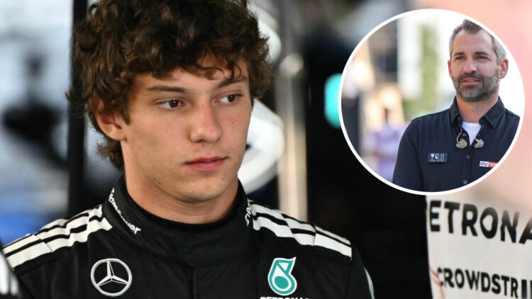 Andrea Kimi Antonelli in the Mercedes garage at the 2025 F1 Italian Grand Prix at Monza with an inset of Timo Glock