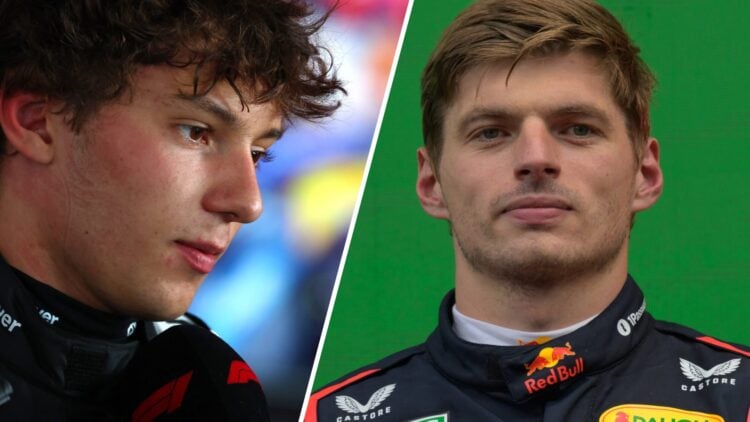 Mercedes driver Andrea Kimi Antonelli reacts after the 2025 F1 Dutch Grand Prix and Red Bull's Max Verstappen on the Zandvoort podium