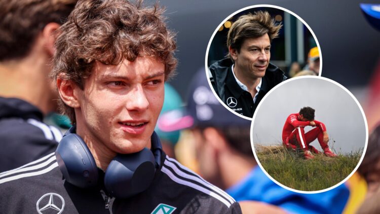 Andrea Kimi Antonelli of Mercedes during the drivers' parade before the 2025 F1 Dutch Grand Prix with insets of Toto Wolff and Charles Leclerc reac...