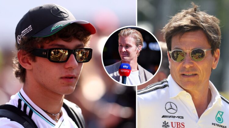 Mercedes driver Andrea Kimi Antonelli arrives at the 2025 F1 Italian Grand Prix and team principal Toto Wolff in the Monza paddock with an inset of...