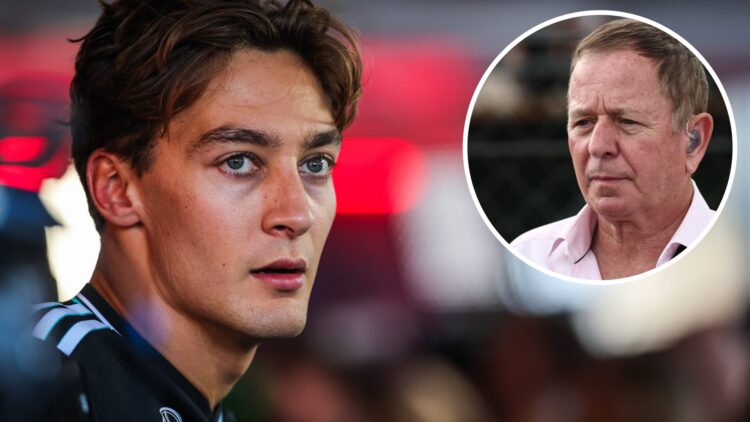Mercedes driver George Russell speaks to the media after qualifying at Monza for the 2025 F1 Italian Grand Prix with an inset of Martin Brundle