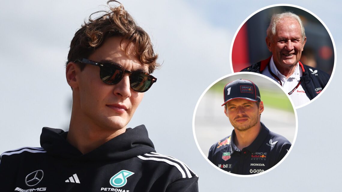 Mercedes driver George Russell looks on at Zandvoort ahead of the 2025 F1 Dutch Grand Prix with insets of Red Bull adviser Helmut Marko and Max Ver...