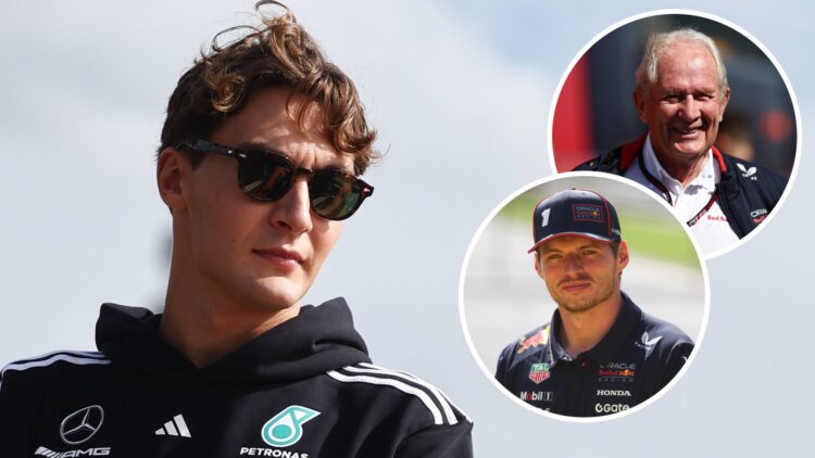 Mercedes driver George Russell looks on at Zandvoort ahead of the 2025 F1 Dutch Grand Prix with insets of Red Bull adviser Helmut Marko and Max Ver...