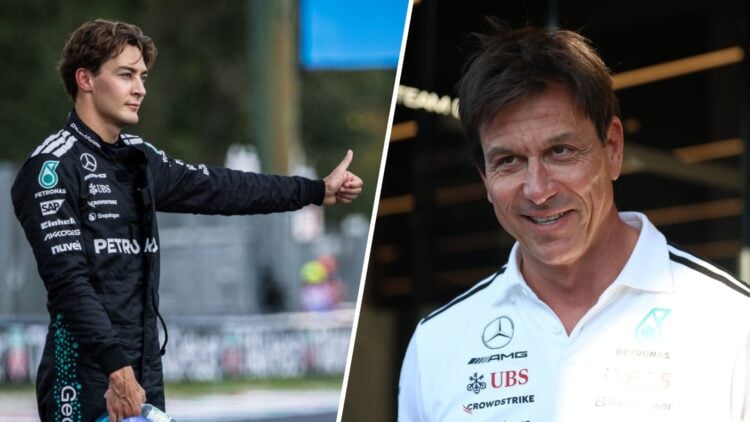 Mercedes driver George Russell gestures for a lift after a car failure during practice for the 2025 F1 Italian Grand Prix and team principal Toto W...
