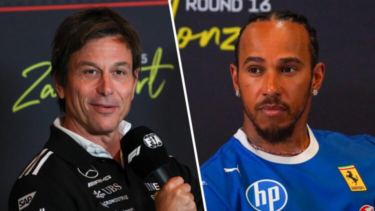 Mercedes boss Toto Wolff speaks to the media at the Dutch GP and Ferrari driver Lewis Hamilton in the pre-race Monza press conference at the 2025 F...