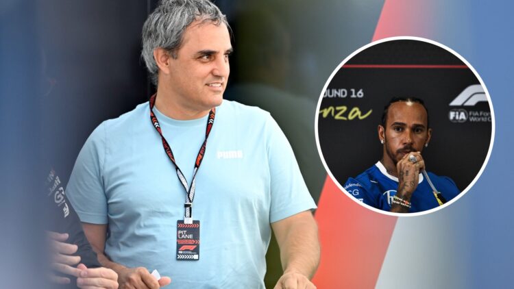 Juan Pablo Montoya looks on in the F1 paddock; inset of Ferrari driver Lewis Hamilton