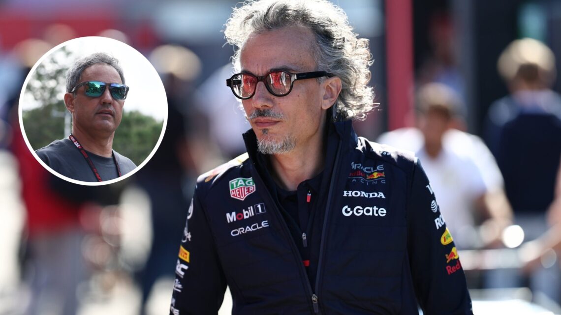 Laurent Mekies of Red Bull walks in the Dutch Grand Prix paddock; inset of Juan Pablo Montoya