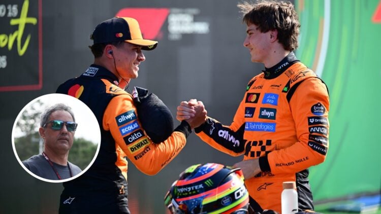 Lando Norris shakes hands with McLaren teammate Oscar Piastri; inset of Juan Pablo Montoya