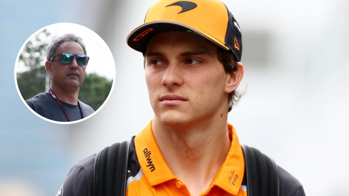 Oscar Piastri of McLaen walks in the Azerbaijan Grand Prix paddock; inset of Juan Pablo Montoya