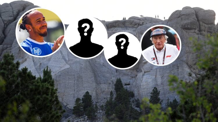 An image of Mount Rushmore, with Ferrari driver Lewis Hamilton and F1 legend Jackie Stewart