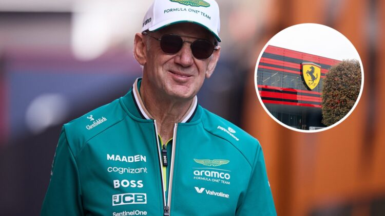 Adrian Newey of Aston Martin walks in the Formula 1 paddock; inset of Ferrari's Maranello factory