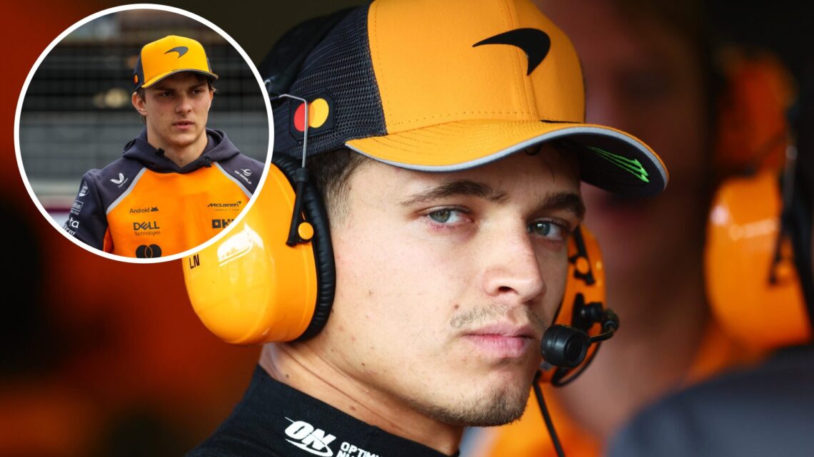McLaren driver Lando Norris watches on in the garage at the 2025 Azerbaijan Grand Prix, inset Oscar Piastri