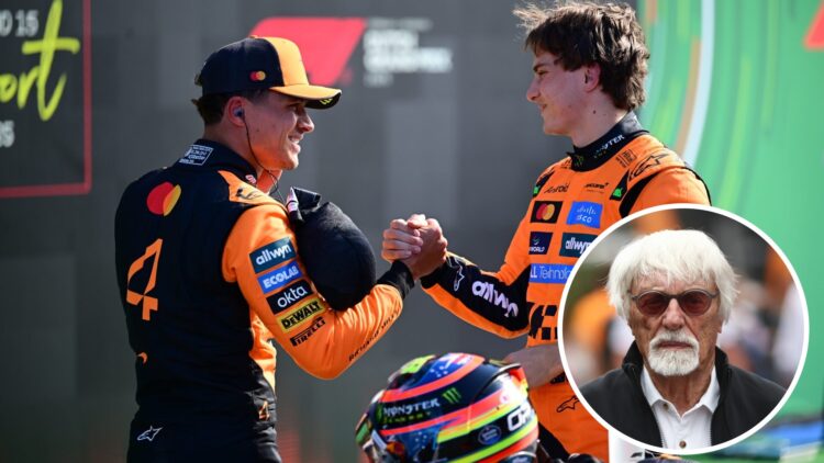 McLaren drivers Lando Norris and Oscar Piastri after the 2025 Dutch Grand Prix, inset Berne Ecclestone