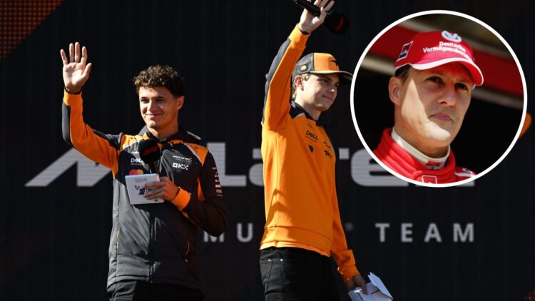 McLaren drivers Lando Norris and Oscar Piastri greet fans at the 2025 Dutch Grand Prix, inset Michael Schumacher