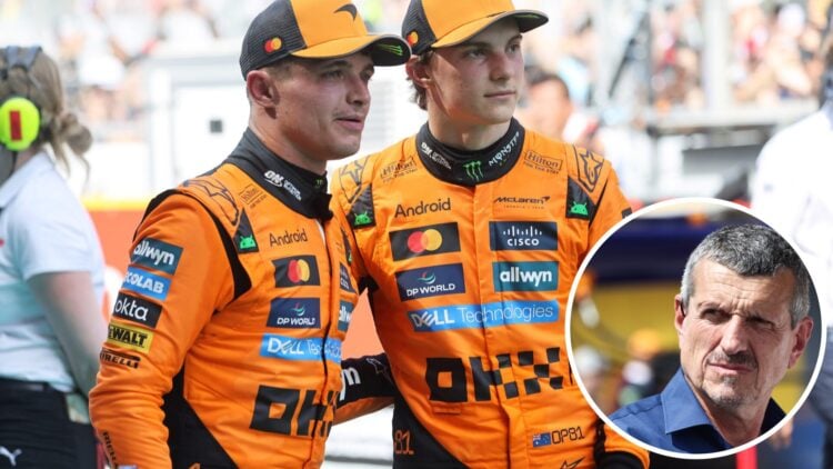 McLaren drivers Lando Norris and Oscar Piastri celebrate after the 2025 Spanish Grand Prix, inset Guenther Steiner