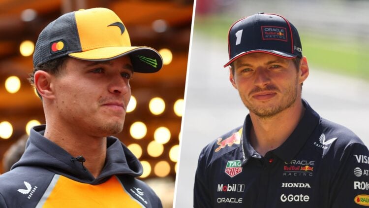 Split image of McLaren driver Lando Norris (L) at the 2025 Azerbaijan Grand Prix and Red Bull driver Max Verstappen (R)