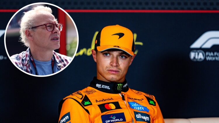Lando Norris of McLaren during a press conference at the 2025 Dutch Grand Prix, inset Jacques Villeneuve