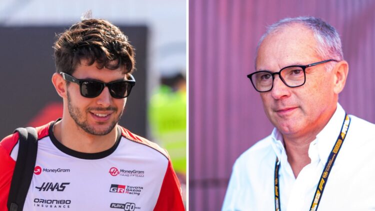 Haas driver Esteban Ocon and F1 CEO Stefano Domenicali walk through the Monza paddock at the 2025 Italian Grand Prix