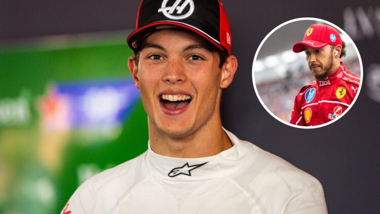 Oliver Bearman of Haas and Lewis Hamilton of Ferrari during the 2025 Formula 1 season