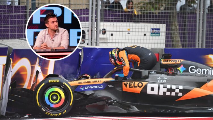 Oscar Piastri getting out of his McLaren F1 car after crashing at the Azerbaijan Grand Prix, with Jolyon Palmer sitting at a presenters desk for th...