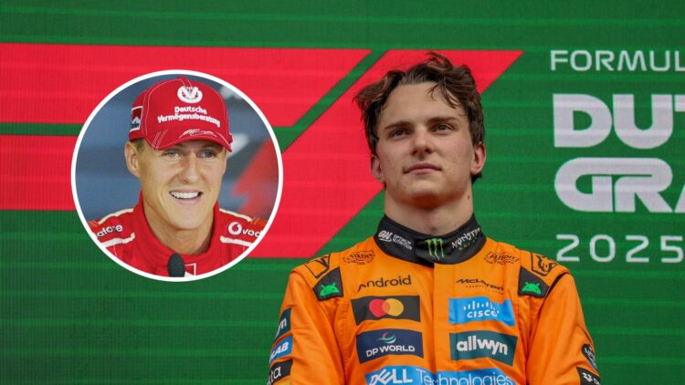McLaren driver Oscar Piastri on the podium at the Dutch Grand Prix, inset, Michael Schumacher