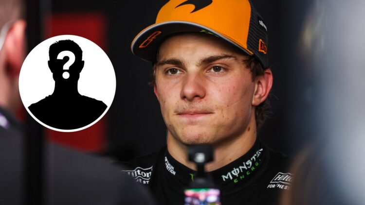 McLaren driver Oscar Piastri speaks in the media pen after qualifying at the 2025 Azerbaijan Grand Prix with a mystery image overlay