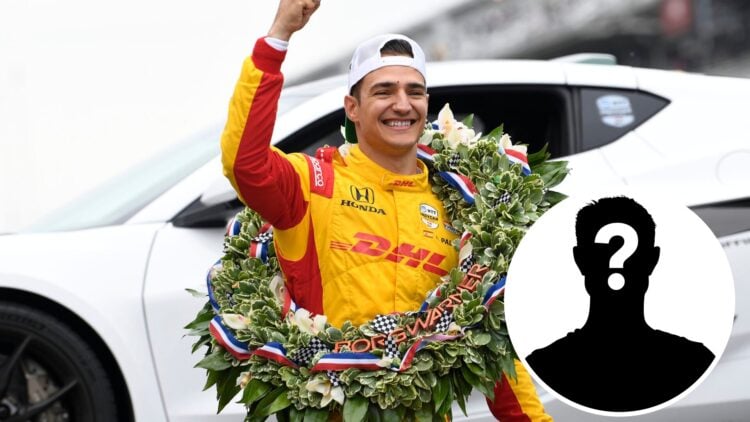 Alex Palou celebrates winning the 2025 Indianapolis 500, inset Mystery driver