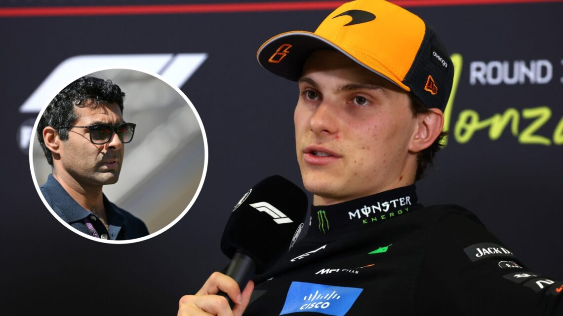 Oscar Piastri of McLaren speaks in a press conference at the Italian Grand Prix; inset of Karun Chandhok